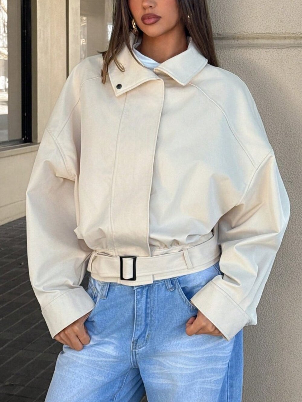Khaki Casual Women's Stand Collar Waist-Cinching Loose Trench Coat